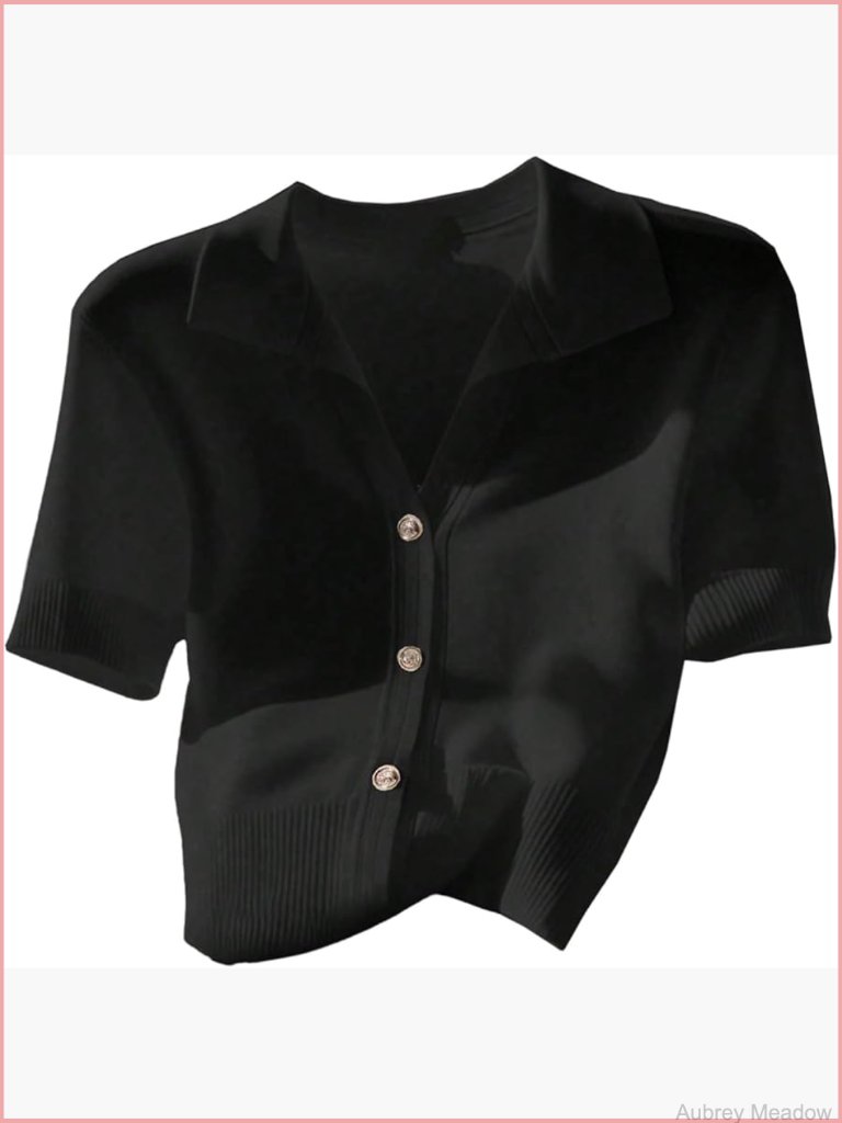 Short Sleeve Collared Knit Cardigan Cropped Sweater Button Down